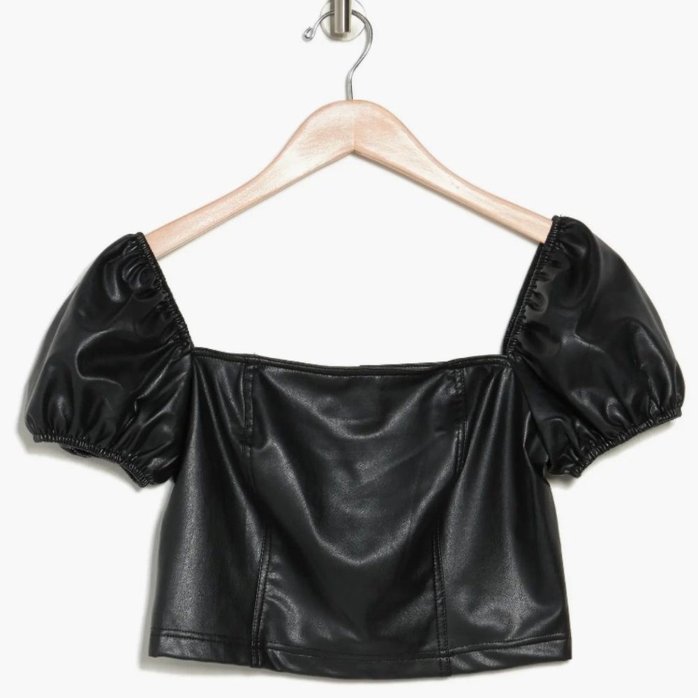 Avec Les Filles Puff Sleeve Faux Leather Crop Top